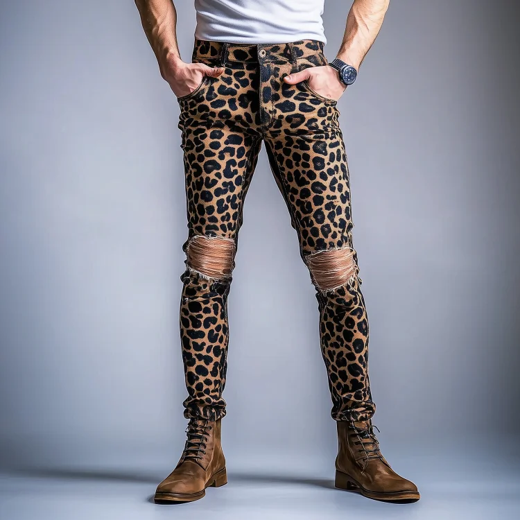 Okaywear Denim Leopard Pattern Ripped Slim Fit Jeans 