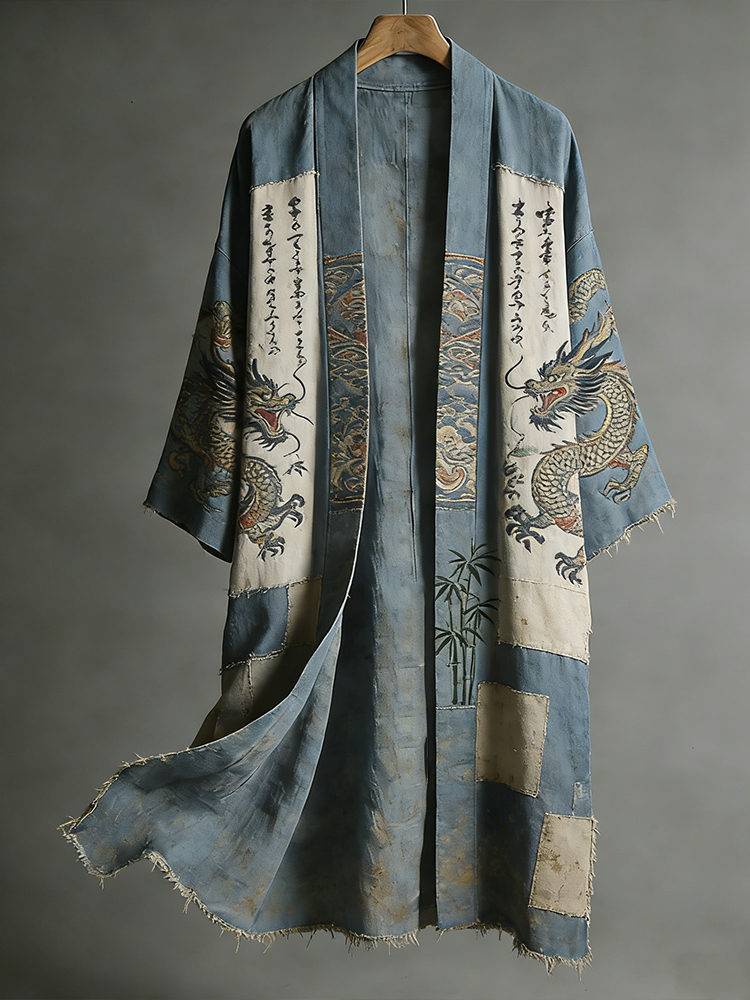 Japanese Style Dragon Totem And Calligraphy Art Patchwork Cotton Linen Kimono elevenforest