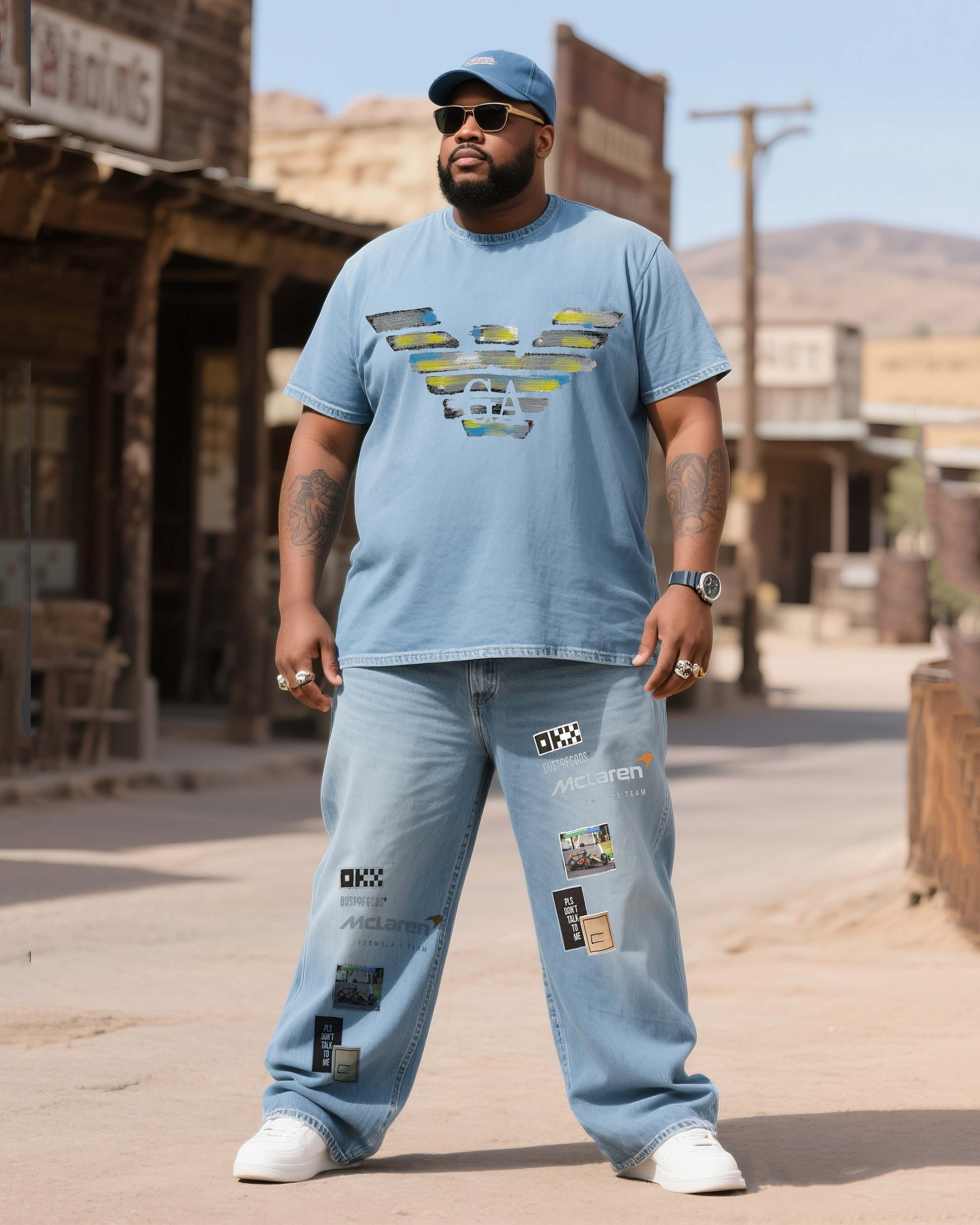 Big & Tall Men's Fashion Printed Denim T-Shirt Pants Suit