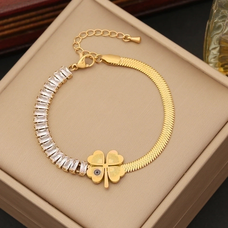 Casual Minimalist Four Leaf Clover Devil’s Eye Butterfly Stainless Steel Plating Inlay Zircon Bracelets