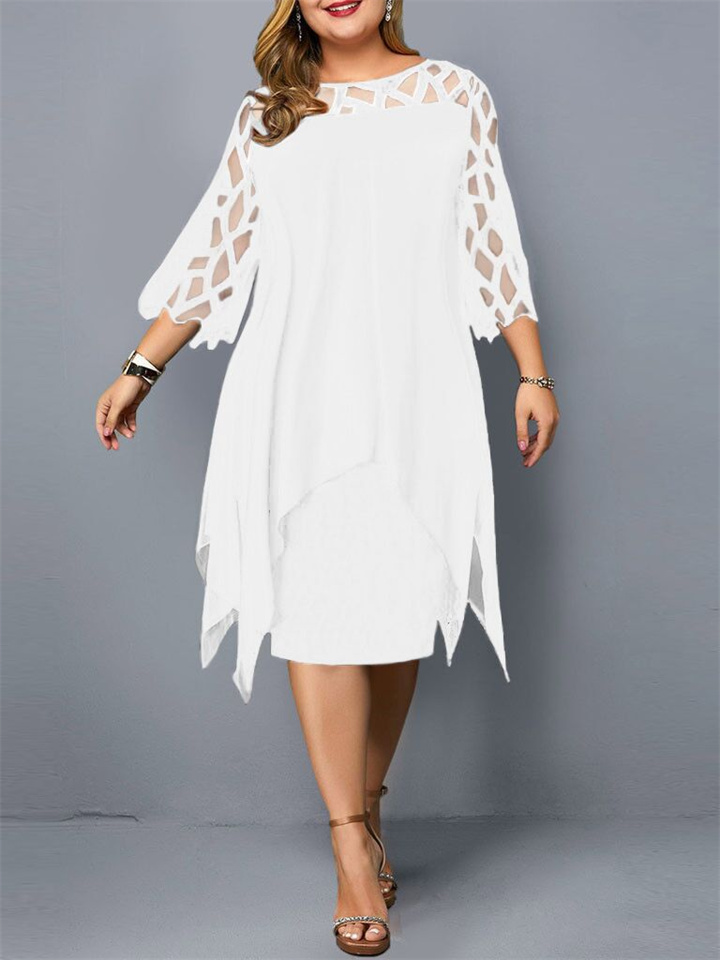 Women's Plus Size Party Dress Solid Color Crew Neck Lace 3/4 Length Sleeve Fall Spring Elegant Midi Dress Formal Party Dress