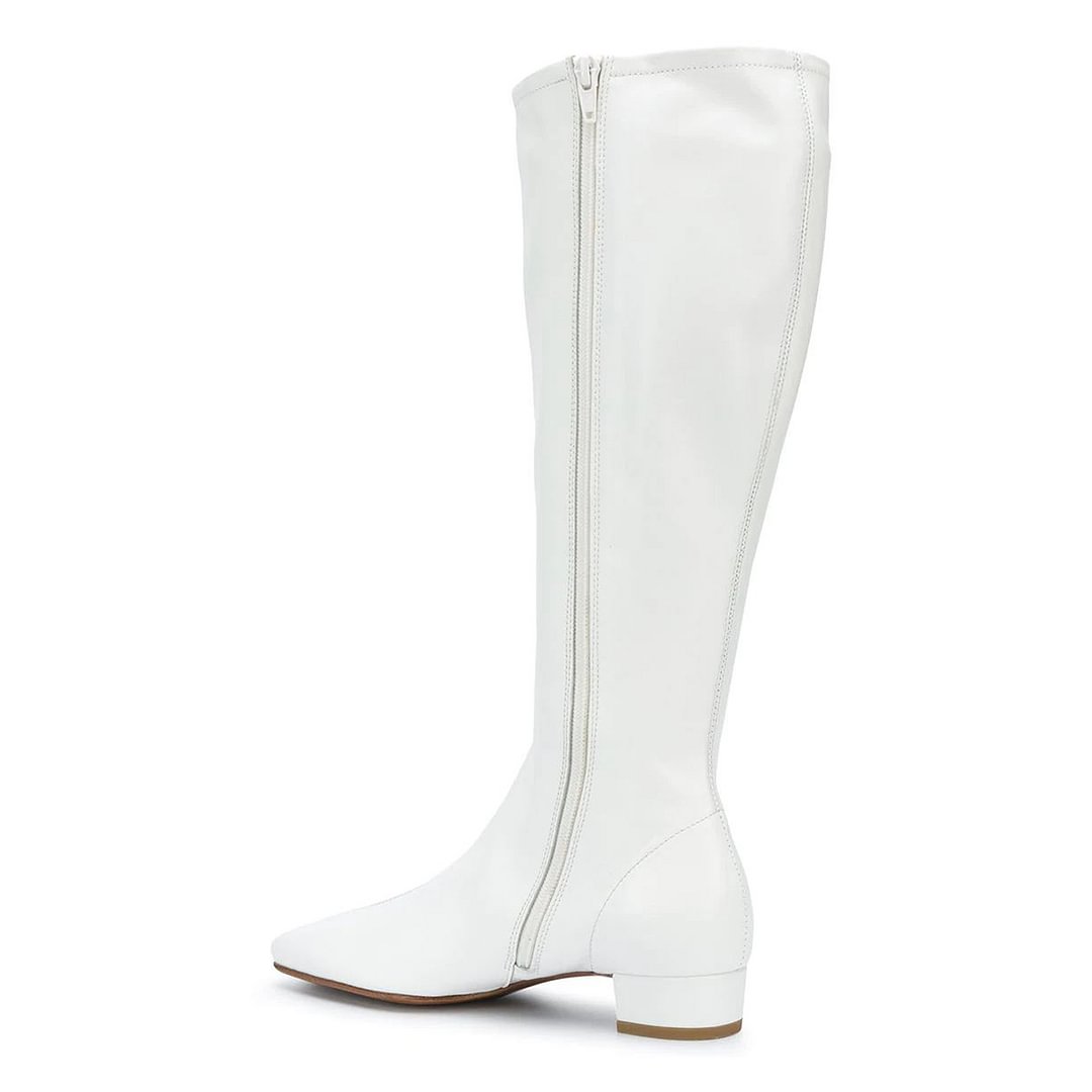 Vegan Leather Pull-On Square Toe Knee High Heel Boots in White