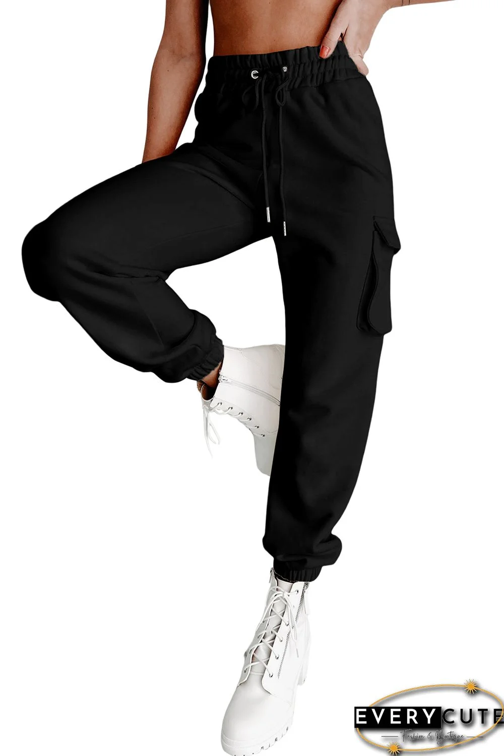 Black Drawstring Jogger Pants with Cargo Pockets