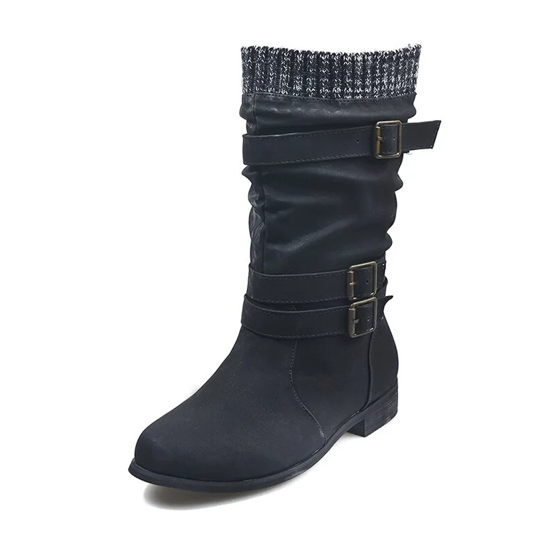 Qengg MCCKLE Women's Boots Ladies Shoes Knitted Mid Calf High Boots Winter Buckle Strap Female Chunky Heels Woman Slip On Retro Boot