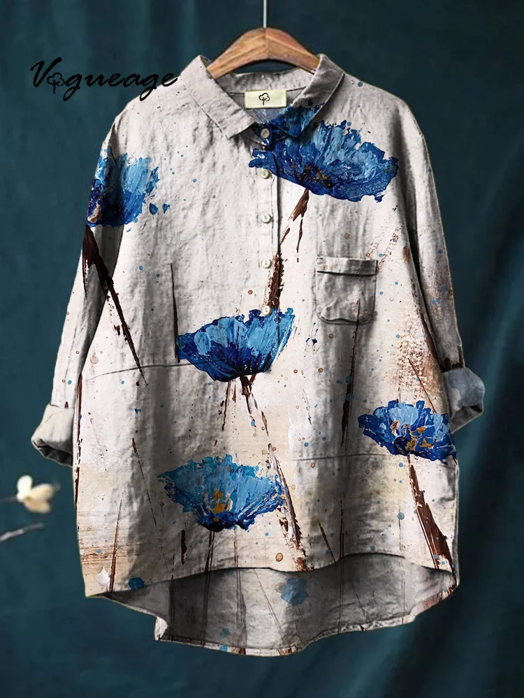 Simple And Plain Oil Painting Realistic Flowers Print Cotton And Linen Shirt