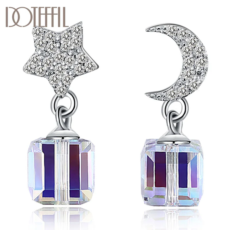 DOTEFFIL 925 Sterling Silver Star Moon AAA Zircon Square Crystal Pendant Earrings For Women Jewelry