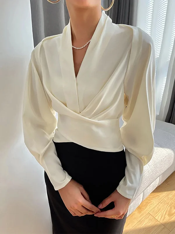 High-Low Long Sleeves Buttoned Solid Color Zipper Lapel Blouses&Shirts Tops