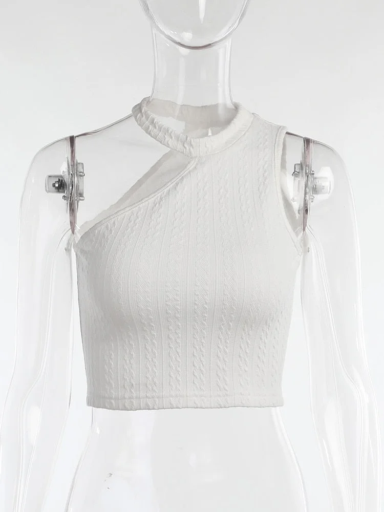 WannaThis Jacquard Cropped Tops For Women Halter Fitness Hollow Out Knitting Sleeveless Sexy Skinny White Vest 2021 Autumn New