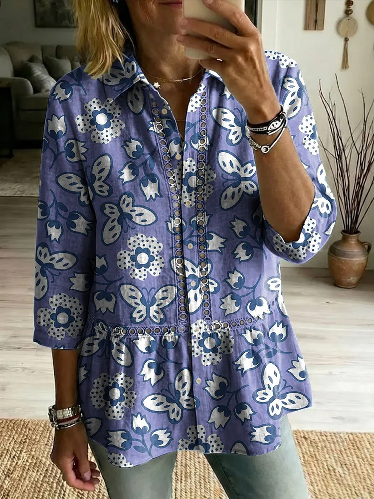 Floral Flowers Art Patterns Casual Patchwork Openwork Webbing Linen And Cotton Shirt