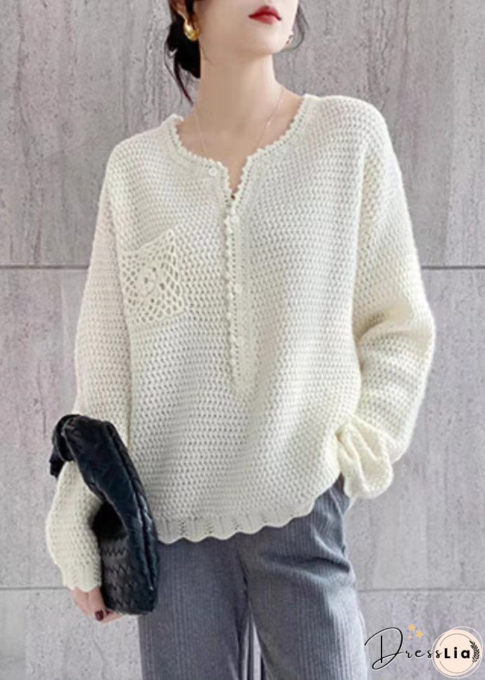 Simple Beige O Neck Hollow Out Button Patchwork Knit Top Fall