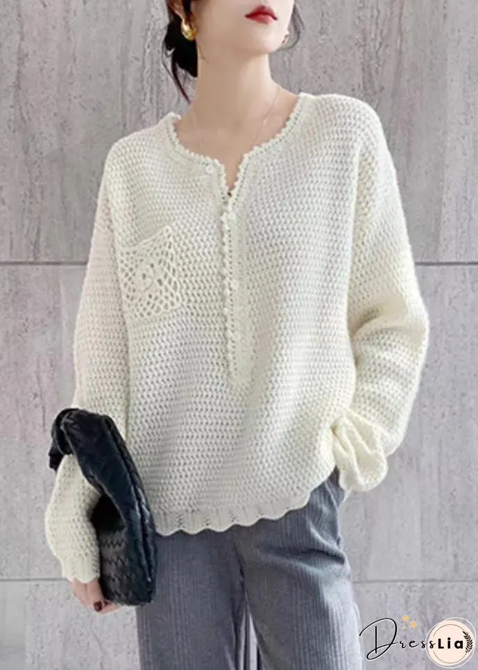 Simple Beige O Neck Hollow Out Button Patchwork Knit Top Fall