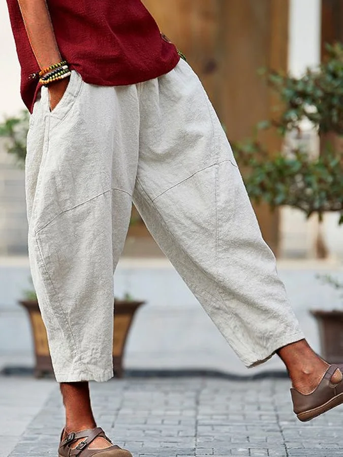 Women's Solid Pocket Design Elastic Waist Casual Pants