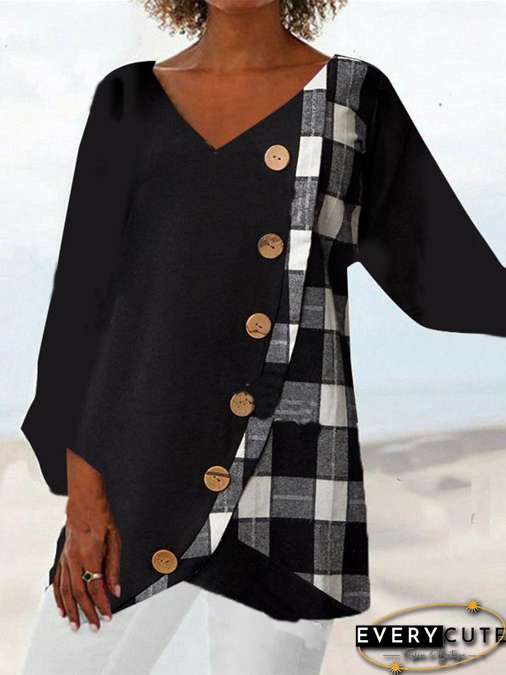 V Neck Polyester Cotton Casual Tops