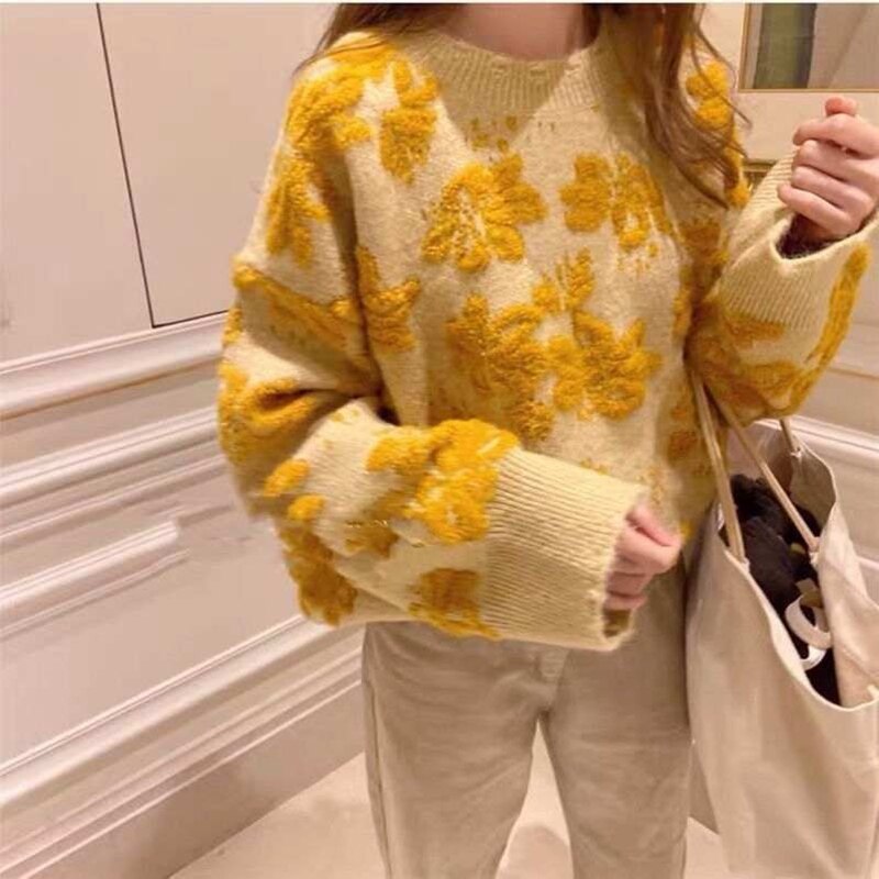 Vintage Sweaters O-Neck Full Sleeve Japanese Lazy Wind Knitted Pullovers Women Autumn Elegant Yellow Knitwear Female LD2320