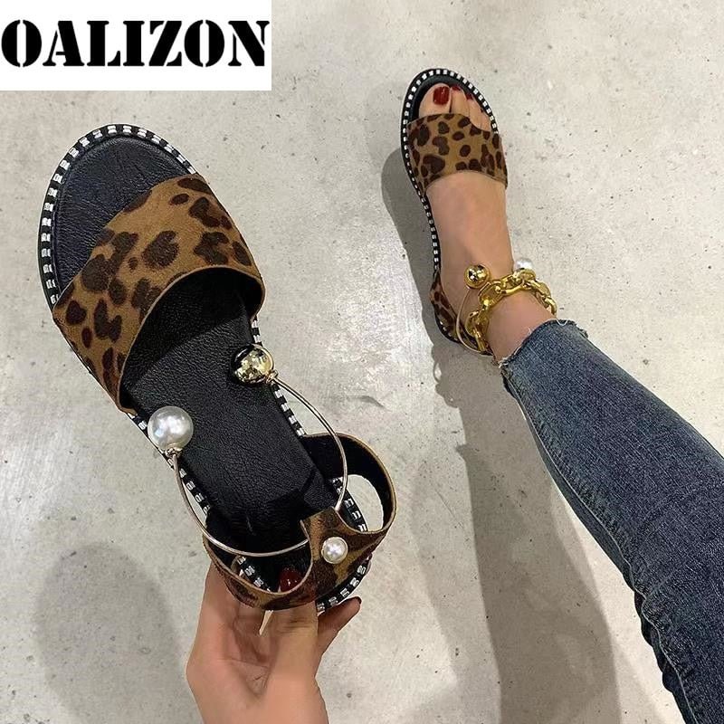 Lady Sexy Leopard Women's Beaded Pearly Open Toe Sandal Slippers Shoes Women Flat Flip Flop Casual Flats Slingback Sandals Shoes