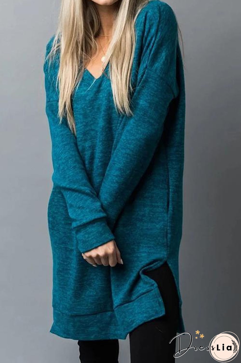 Pockets Slit V Neck Hoodie Dress