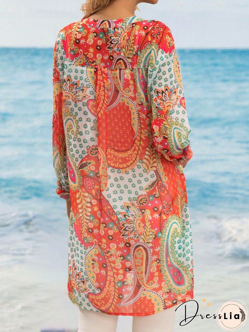 Geometric V Neck Long Sleeve Blouse & Shirts