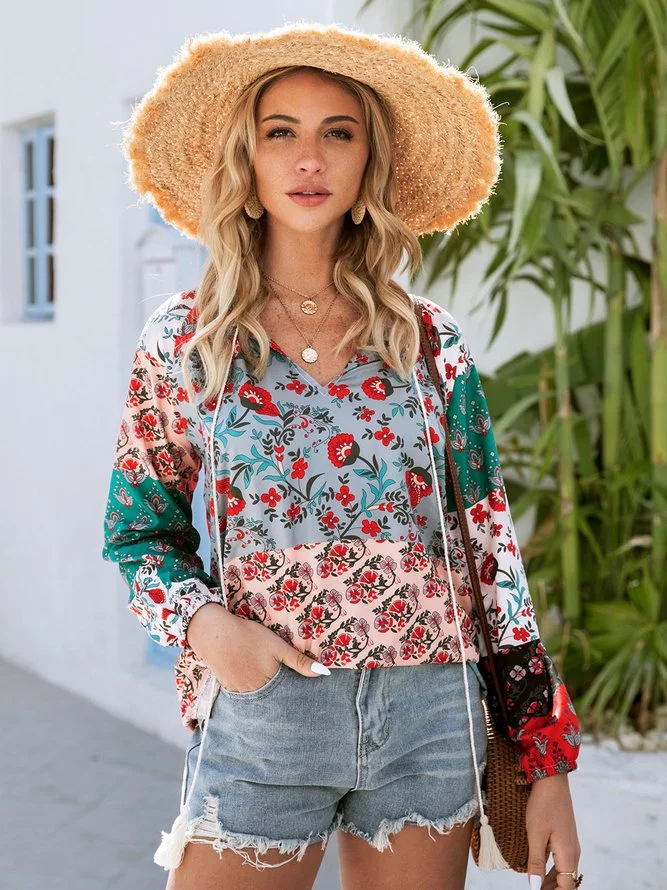 Gray V Neck Long Sleeve Floral Color-Block Shirts & Tops