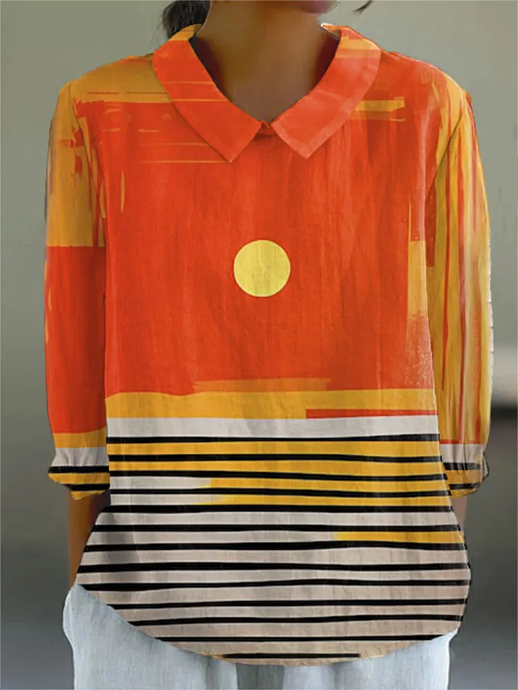 Women's Vintage Abstract Geometric Art Print Casual Cotton And Linen 3/4 Sleeve Shirt