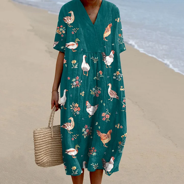 Farm Animal Print V Neck Casual Midi Dress