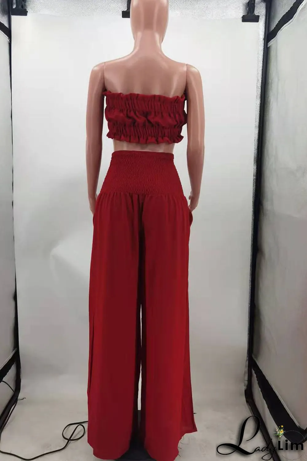 Red Sexy Solid Split Joint Stringy Selvedge Strapless Sleeveless Two Pieces