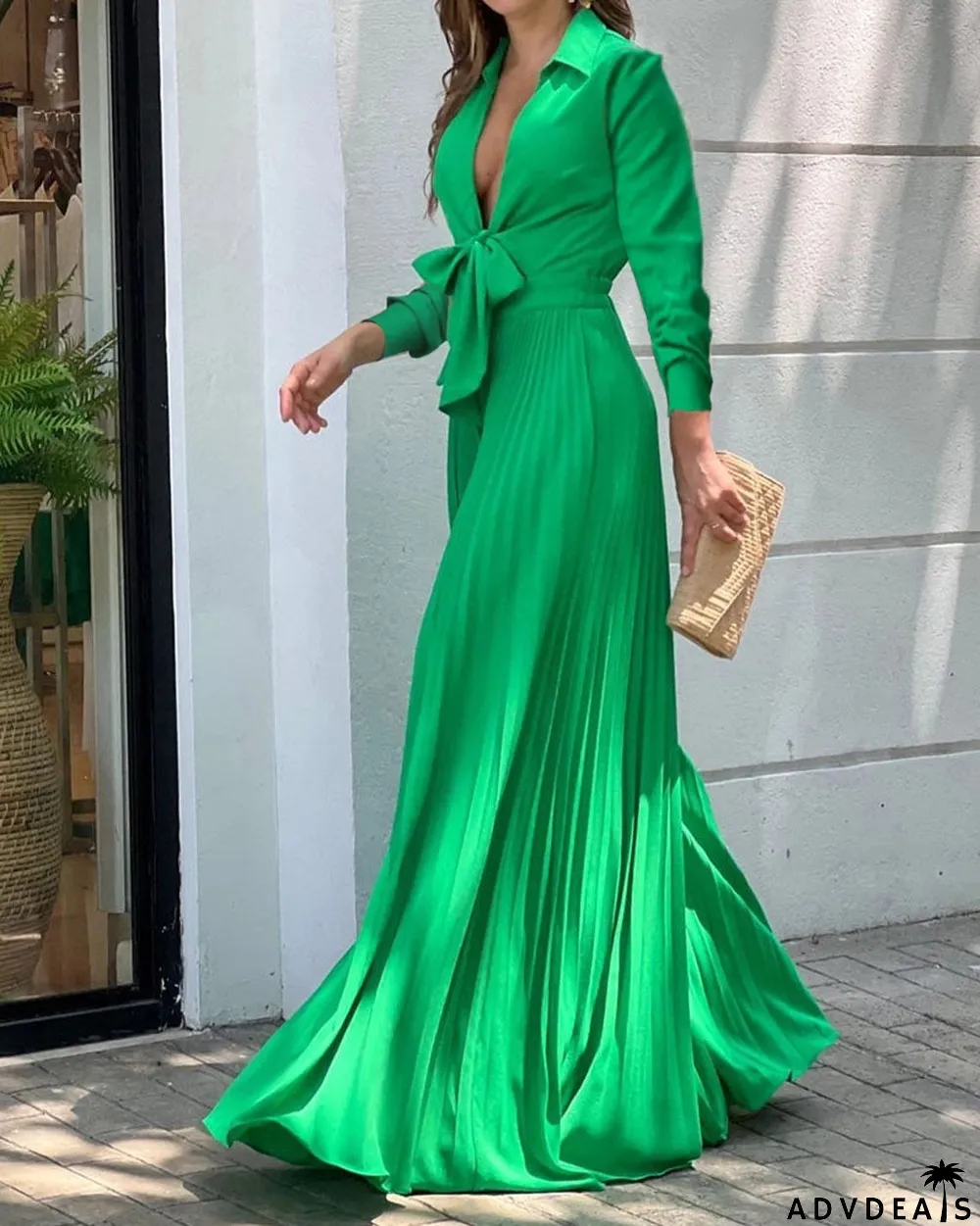 Women's Fall Fashion V-Neck Long Sleeve Turndown Collar Loose Wide Leg Jumpsuit