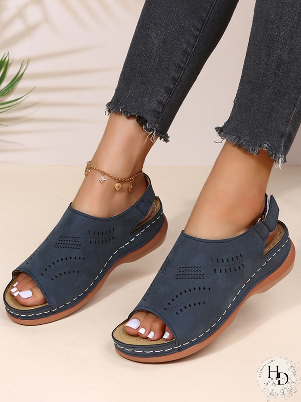 Cutout Velcro Vintage Casual Velcro Wedge Sandals