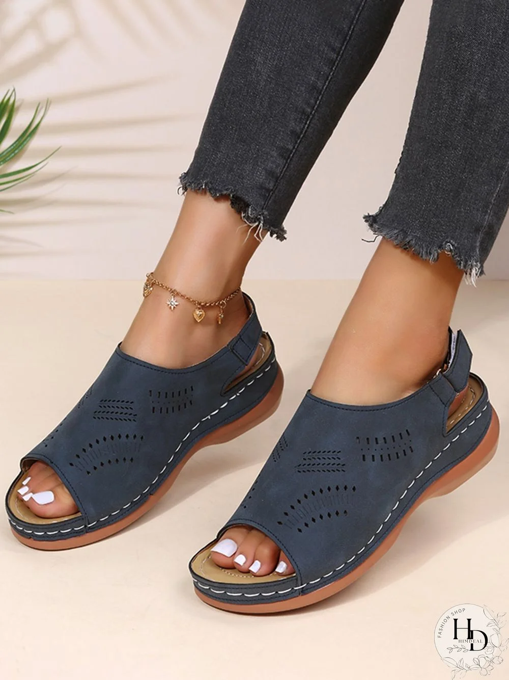 Cutout Velcro Vintage Casual Velcro Wedge Sandals
