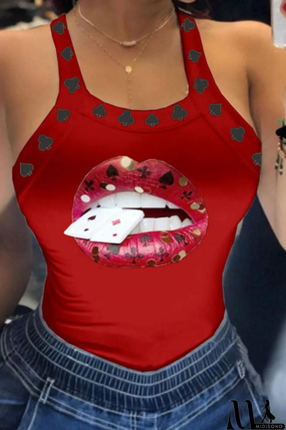 MidiSono - Red Sexy Print Patchwork U Neck Tops