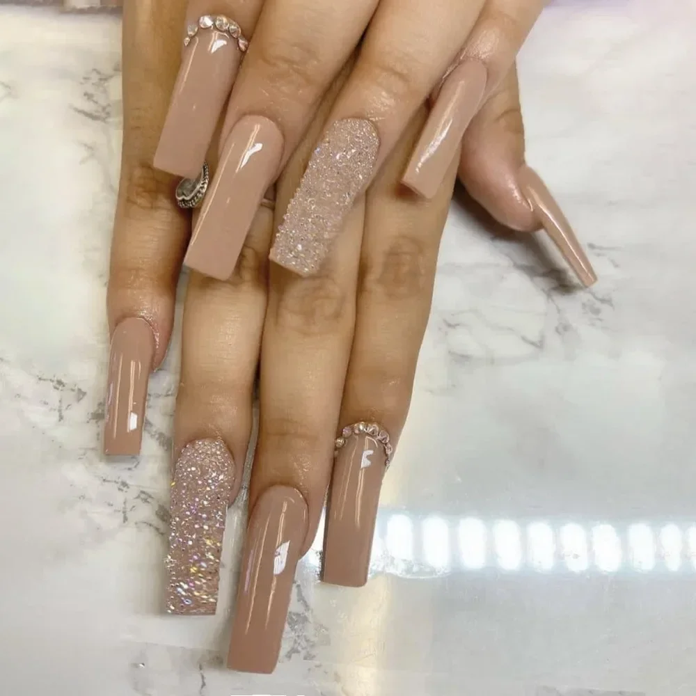 Ddmcloud 24pcs Long Ballerina Fake Nails Blue Crystal Flowers Pink Bow French False Nails Full Cover Press on Nails DIY Detachable