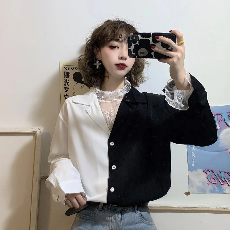 Blouses Women Patchwork Turn-down Collar Long Sleeve Simple Chic Elegant Womens Shirts Retro Korean Style Casual All-match Slim