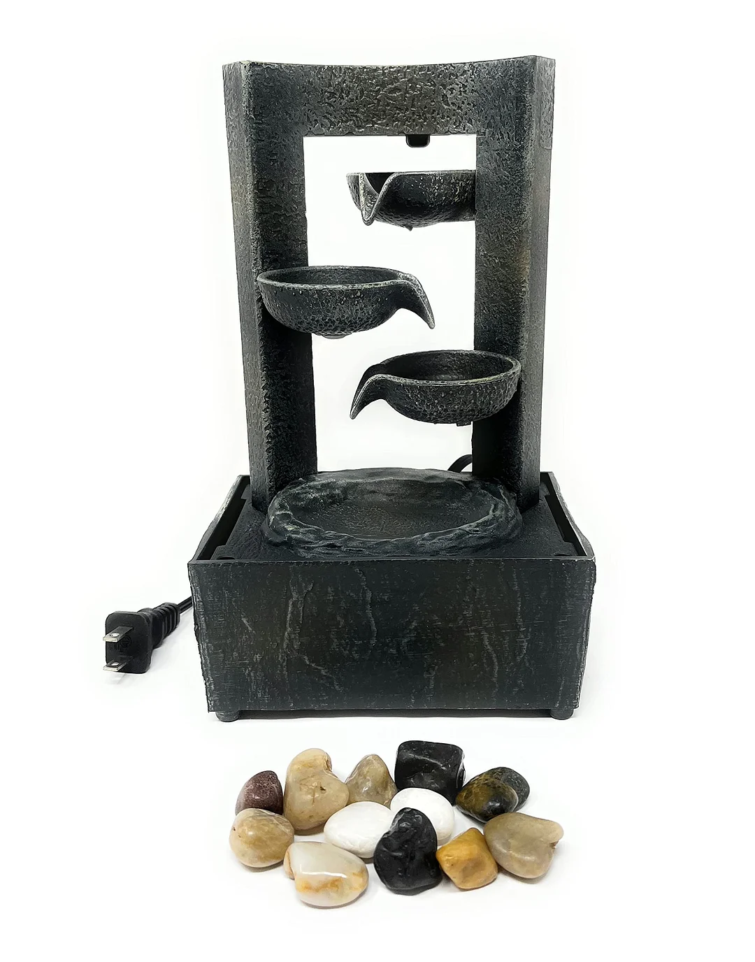 9.6" H Tiered Raining Spout Tabletop Water Fountain with Natural River Rocks (Power Cord Attached)