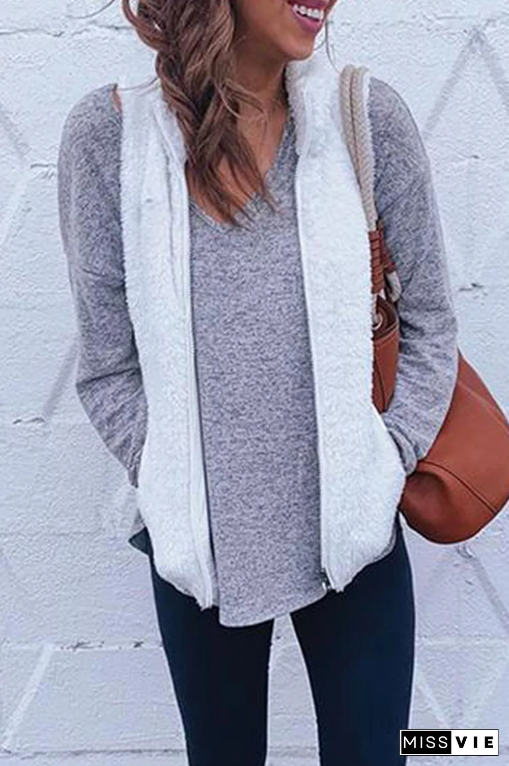 Fashion Solid Pocket Zipper Mandarin Collar Tops