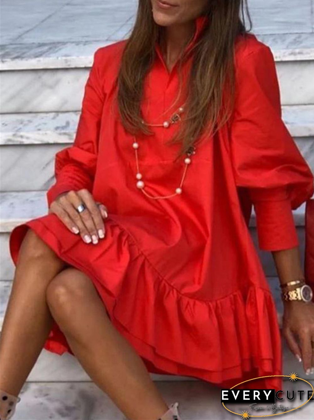 Solid Long Sleeve Mini Back Ruffle Dress Women