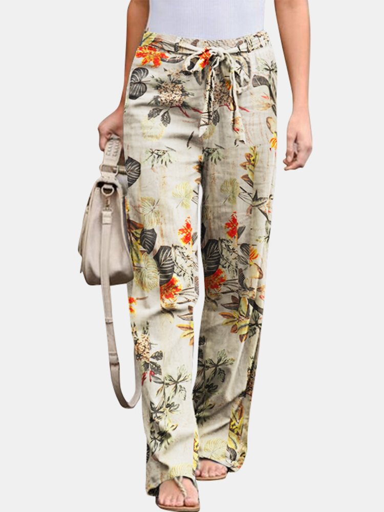 Floral Printed Elastic Waist Straight-Legged Pants For Women - Shop Trendy Women's Fashion | TeeYours