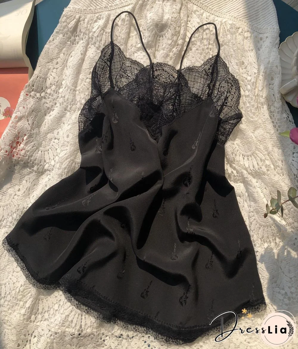 Silk Women New Style Romantic Neckline Exquisite Lace Stitching Letter Printing Girls Camis Vest