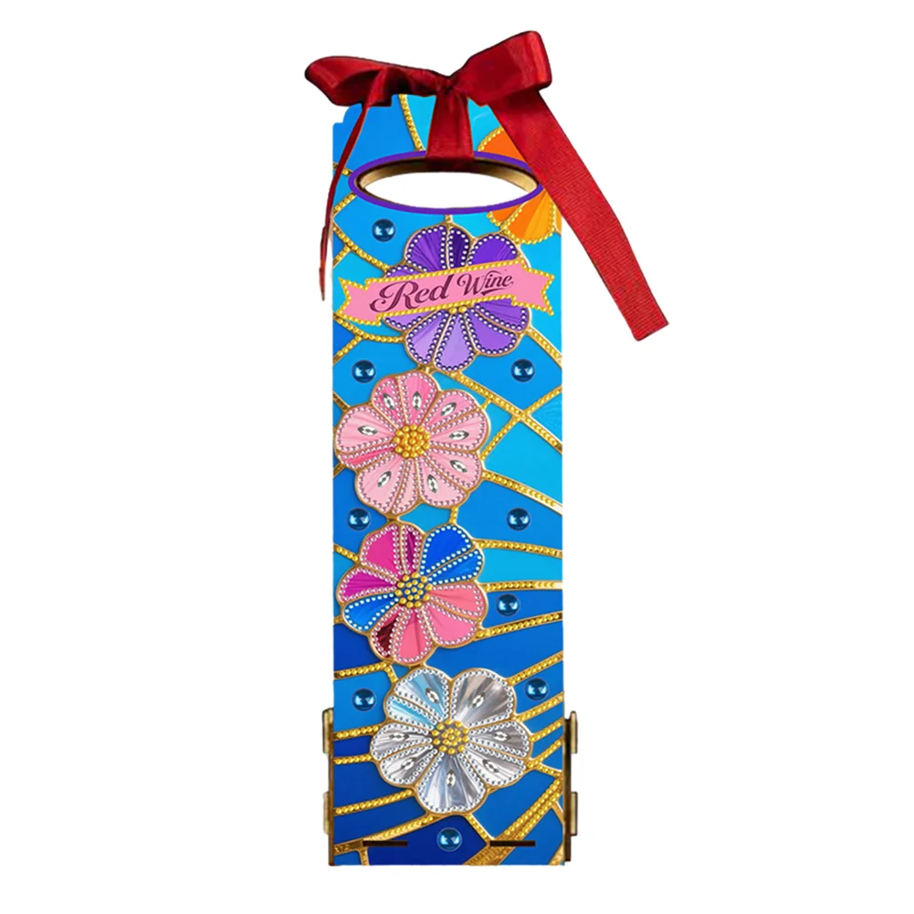 Wooden 5D/DIY Diamond Painting Art Wine Bag Kit for Party Wine Decor (Flowers)