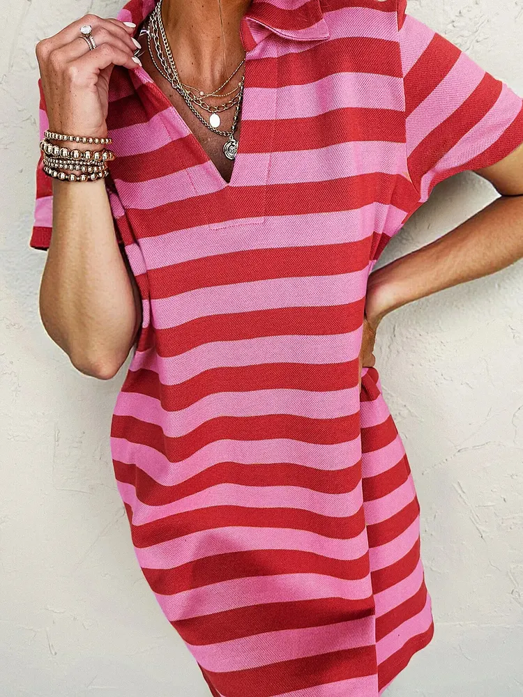 Striped Johnny Collar Short Sleeve Dress