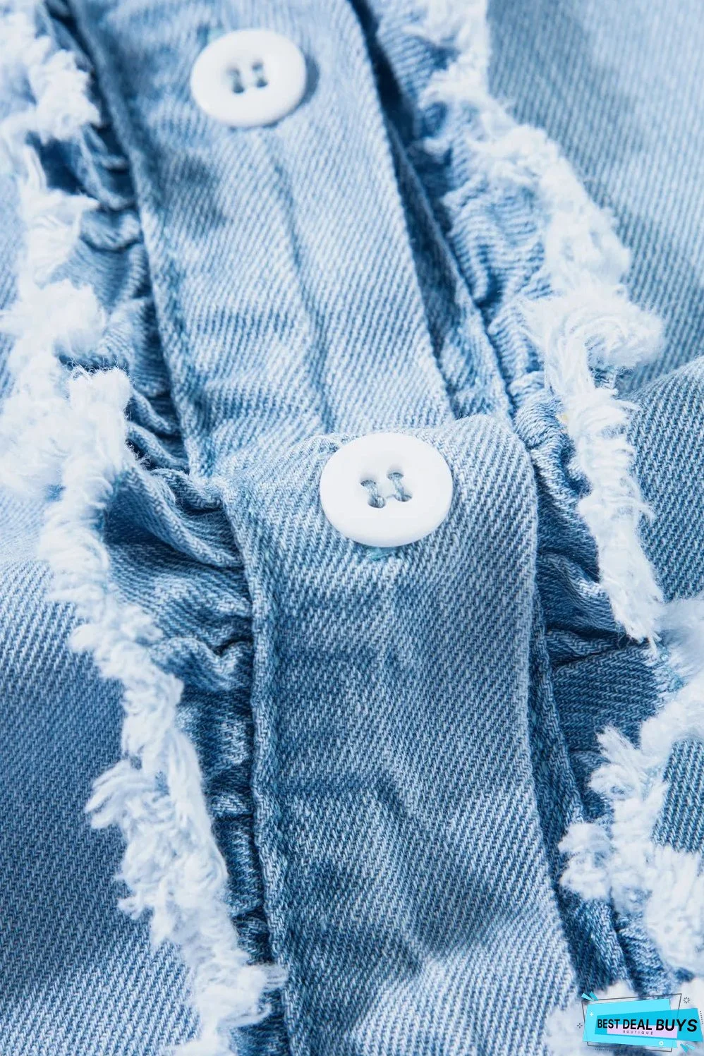 Beau Blue Button Front Ruffled Flutter Frayed Denim Top