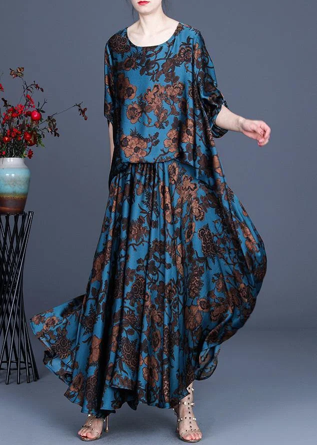 Silk floral irregular dress blue