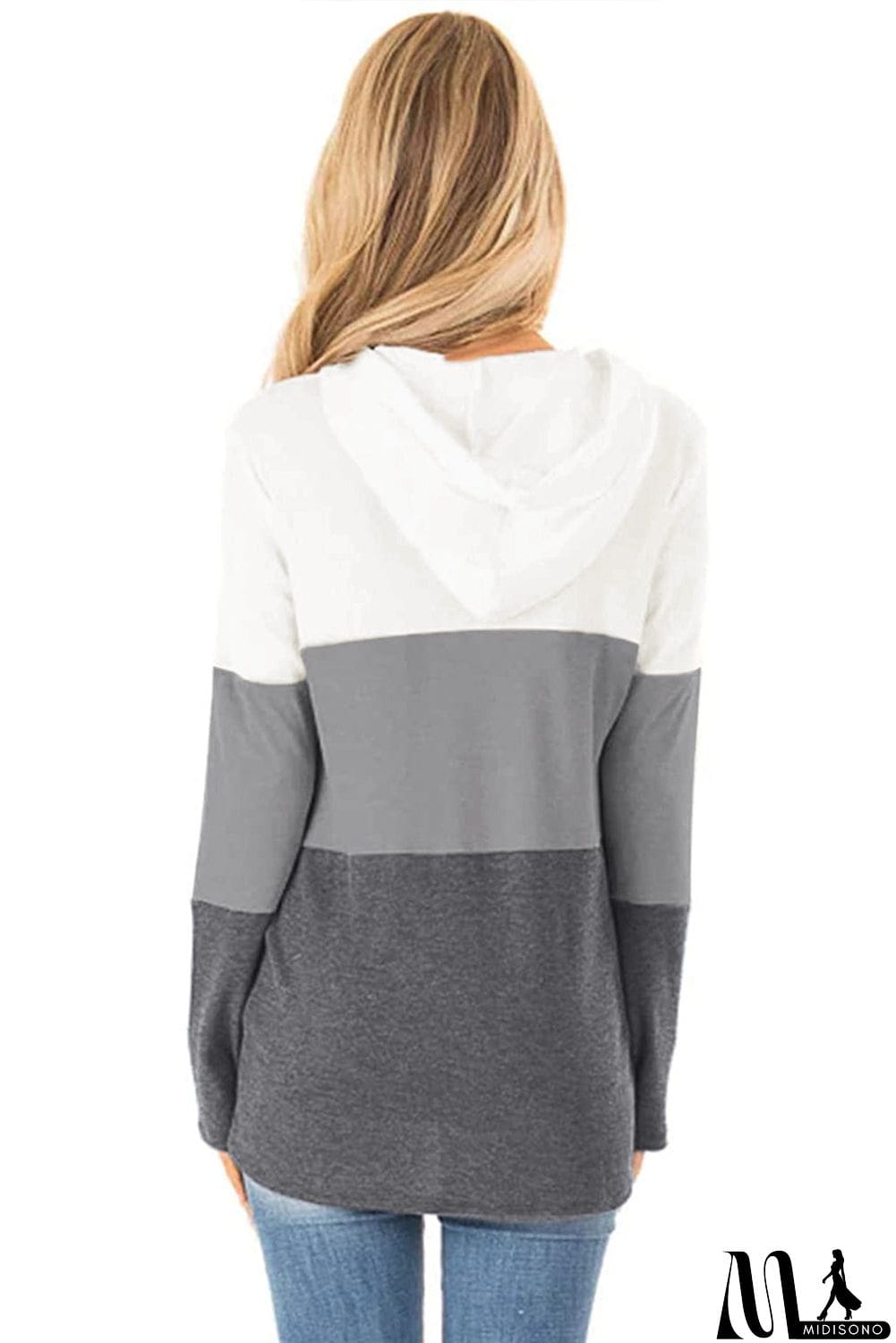 MidiSono - Color Block Long Sleeve Drawstring Hoodie