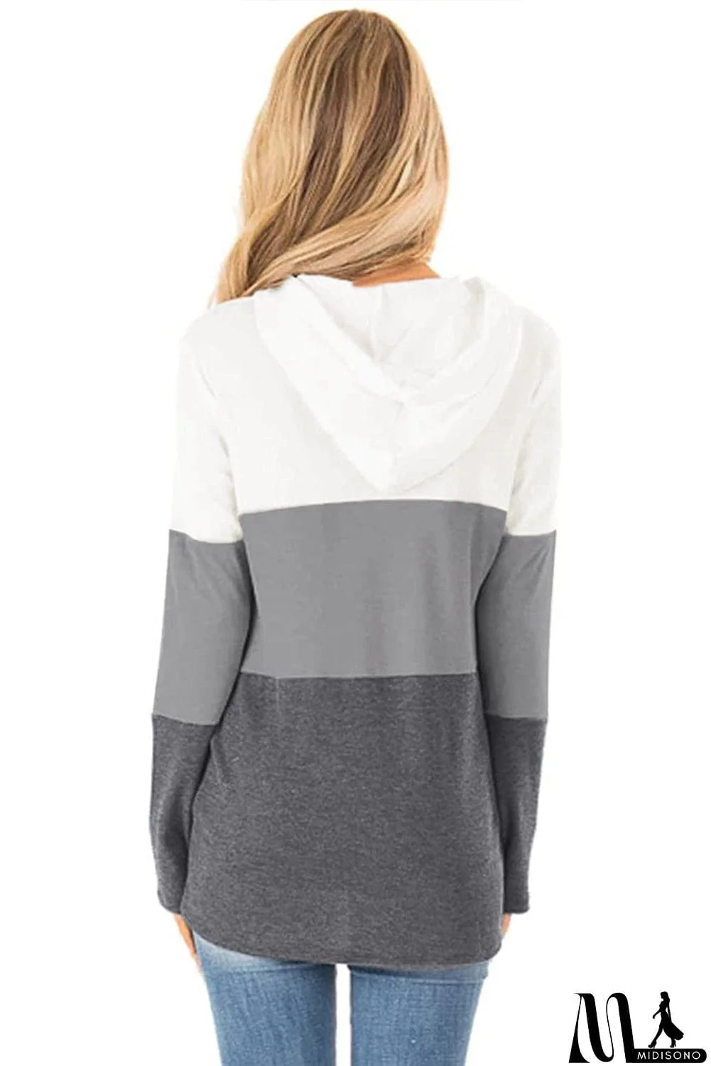 MidiSono - Color Block Long Sleeve Drawstring Hoodie