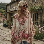 Women's Retro Roses Print V-neck Long Sleeve Linen Blend T-shirt - Image 2