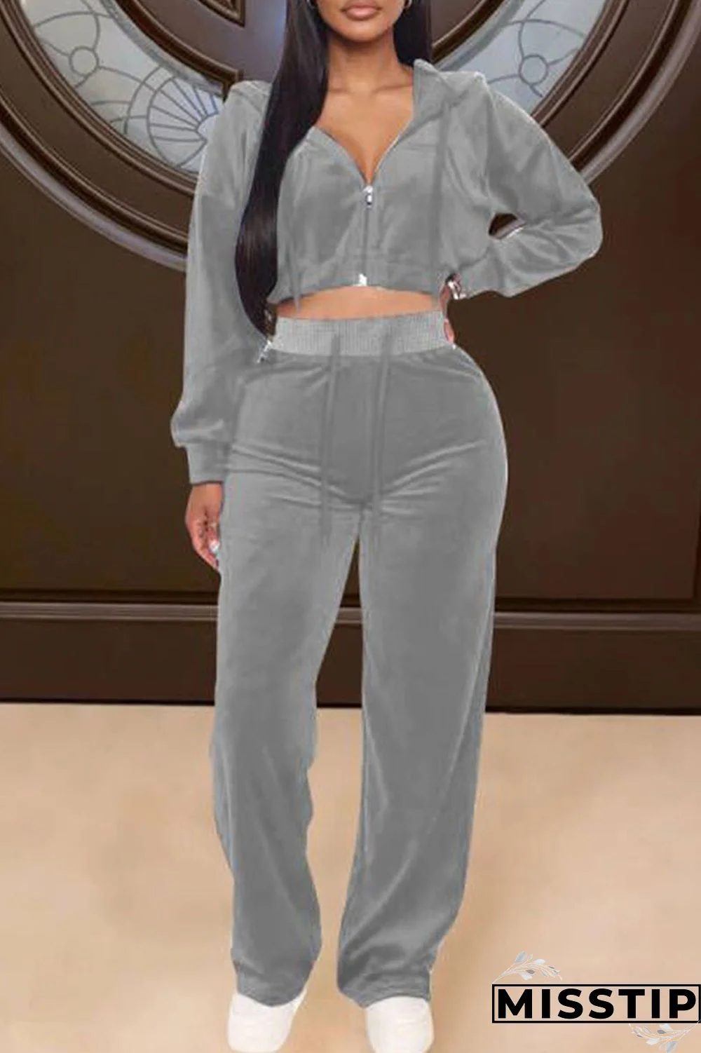 Grey Casual Solid Patchwork Zipper Hooded Collar Long Sleeve Two Pieces