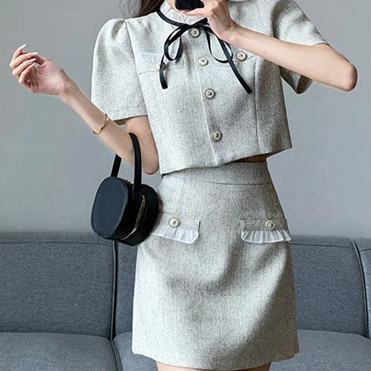 Grey Fake Flap Pocket Bow Detailed Jacket&Mini Skirt Two-Piece Set QueenFunky