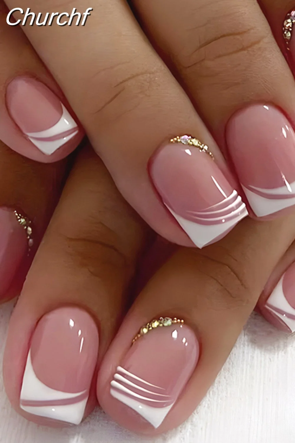 Churchf French White Side False Nails Wearable Rhinestone Desgin Fake Nails Short Simple Nail Full Cover Nail Tips Press On Nails-Nail Inspo