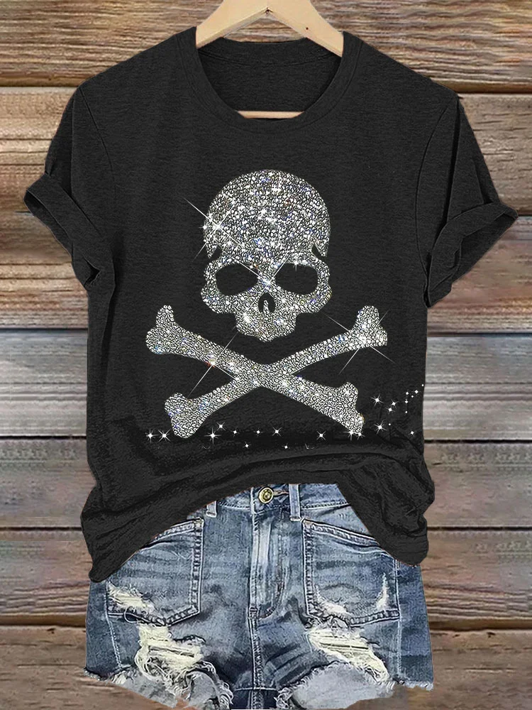 Skull Rhinestone Short Sleeve Crew Neck T-Shirt