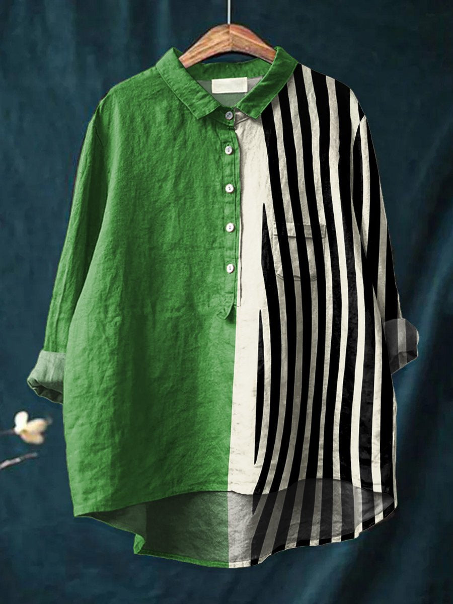 Women's Art Print Casual Cotton And Linen V-neck Shirt