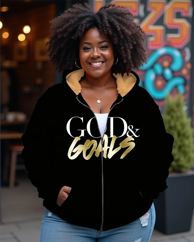 Women's Plus Size God‘s Goals Casual Zipper Long Sleeve Hoodie