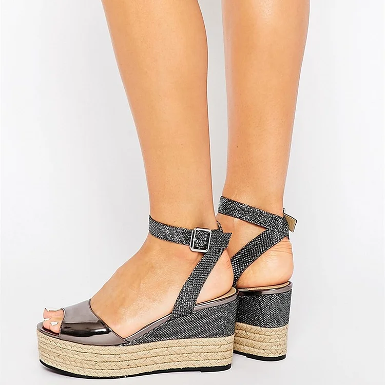 Metallic Wedge Sandals Peep Toe Slingback Platform Sandals |FSJ Shoes
